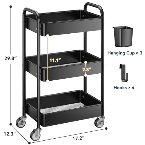 YASONIC 3 Tier Rolling Cart, Heavy Duty Metal Utility Cart - Image 7