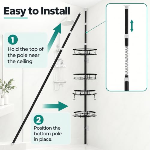 Shower Corner Caddy Organizer, Rustproof 4-Tier Tension Pole - Image 7