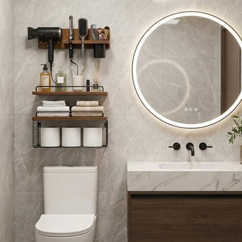 3-Tier Bathroom Floating Shelves with Hair Dryer Holder, Brown - Image 6