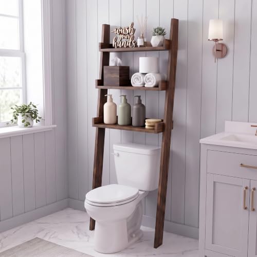 Over-the-Toilet Ladder Shelf, 3-Tier Wood Bathroom Rack - Image 2