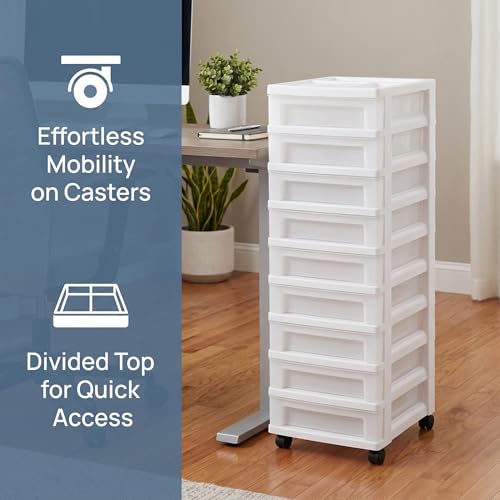 9-Drawer Narrow Plastic Storage Cart with Organizer Top, White - Image 5