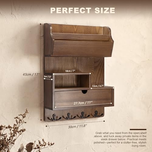 Pine Wood Key Holder Wall Mount with Drawer & 4 Hooks, Brown - Image 3