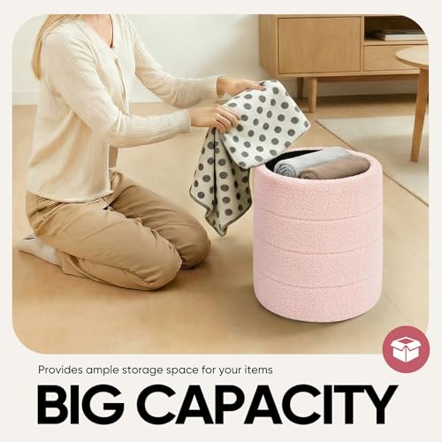 14.5" Round Storage Ottoman, Boucle Sherpa Ottoman with Tray - Image 5