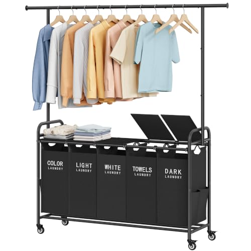 Tajsoon 5 Section Laundry Hamper with Hanging Rack | Home Organization - Image 2