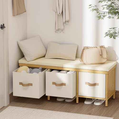 Shoe Bench, 43.3" Storage Bench, Entryway Bench with Cushion Seat - Image 2