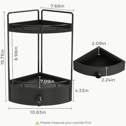 2-Tier Corner Bathroom Counter Organizer with Drawer, Black - Image 4