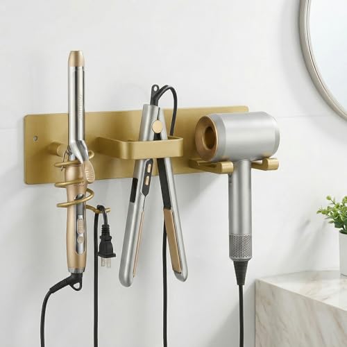 Hair Dryer Holder Hair Tool Organizer Metal Wall Mount (Gold) - Image 2