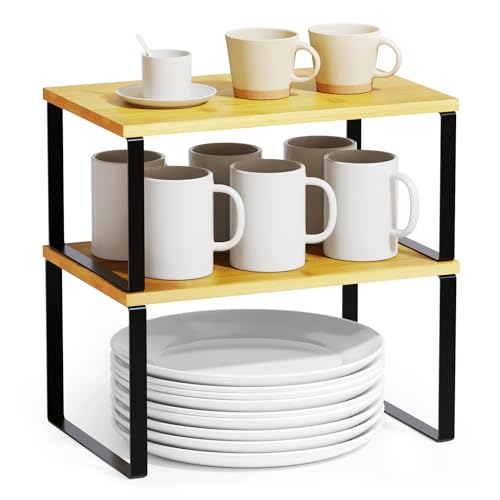 SpaceAid Cabinet Shelf Organizers 2 Pack, Kitchen Counter Rack Shelves Riser, Stackable Expandable Spice Rack, Pantry Cupboard Storage Organization (Black and Natural, Short) - Image 2