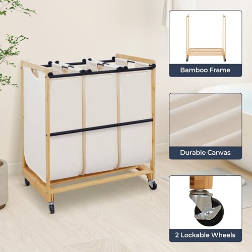 3-Section Laundry Sorter with Bamboo Frame, Rolling - Image 6