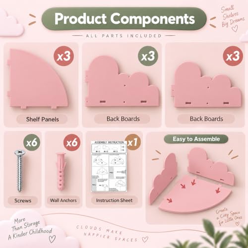 Cloud Wall Shelf Set of 3 Corner Floating Shelves (Pink) - Image 4