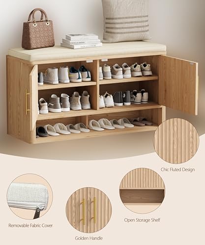 Fluted Shoe Storage Bench, Entryway Bench with Adjustable Shelves - Image 6