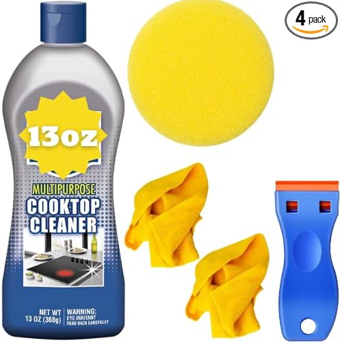 Bar-Keeper's-Friend Multi-Surface Cooktop Cleaning Kit – 13 oz Cream Cleaner with Non-Scratch Scrub Pad, Washable Yellow Microfiber Cloth & Cleaning Scraper