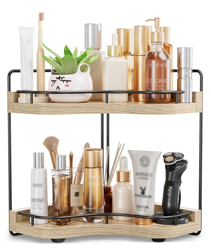 2-Tier Corner Bathroom Counter Organizer, Larger, Light Walnut - Image 2