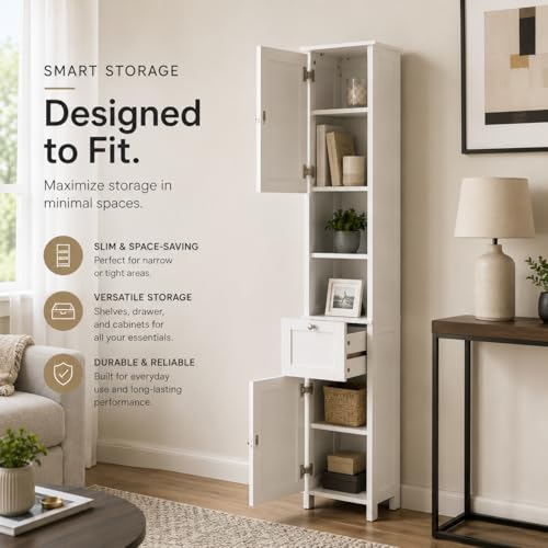 Basicwise White Tall Narrow Linen Tower Cabinet Freestanding - Image 6