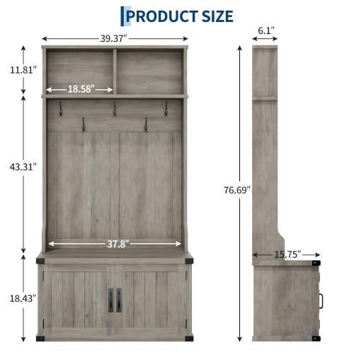 39.4" Hall Tree with Bench and Shoe Storage, Gray - Image 3