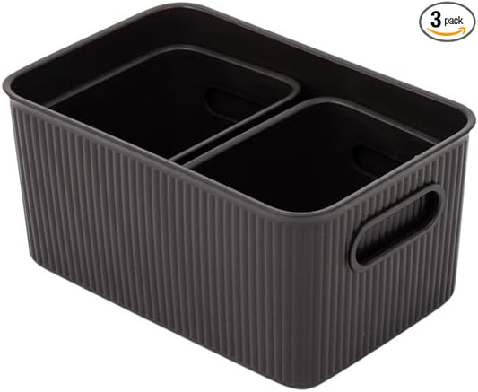 Superio Decorative Plastic Basket Open Home Storage Bins Organizer, Brown (Set of 3) 1 Medium, 2 Small - Container Boxes for Organizing Closet Storage Bins for Shelves - Ribbed Collection