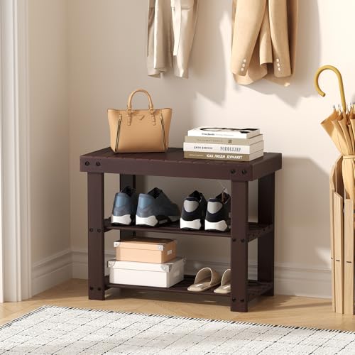 DUMOS Wooden Shoe Rack Bench with Storage, 3-Tier Bamboo - Image 3
