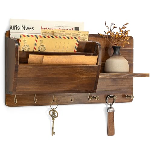 Pine Wood Key Holder Wall Mount with Mail Sorter, Light Brown - Image 2