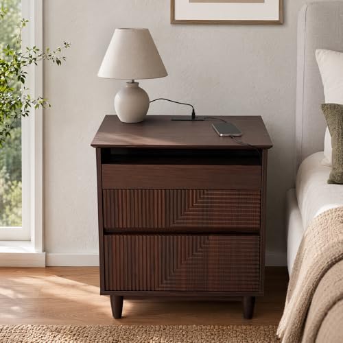Nightstand with Charging Station, 3 Drawers Fluted Bedside Table - Image 2