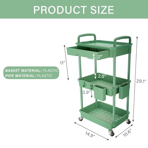 REBECAT 3 Tier Rolling Utility Cart with Drawer,Roll | All Products - Image 3