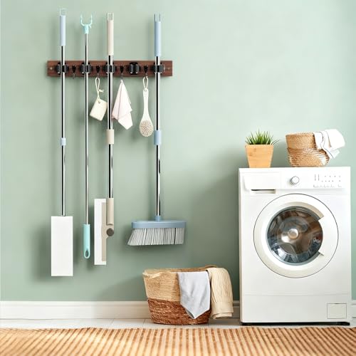 Broom Holder Wall Mount, Rustic Wood Broom Hanger with 5 - Image 3