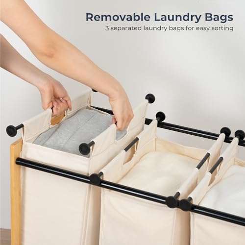 3-Section Laundry Sorter with Bamboo Frame, Rolling - Image 4
