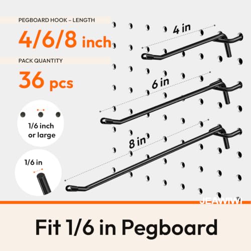 36 Pcs Metal Pegboard Hooks, 4 & 6 & 8 Inch, Fit 1/6 in Peg Board - Image 3