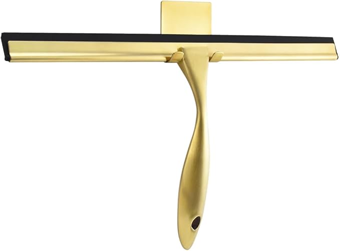 OPERNEE Shower Squeegee with Self Adhesive Hook, 12 Inches Stainless Steel Squeegee Cleaner, All-Purpose Window Scraper for Bathroom Doors, Mirror, Windows and Car Glass, Brushed Gold