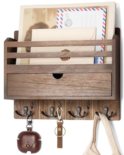Mail Organizer Wall Mount with Hooks for Entryway, Retro Brown - Image 2