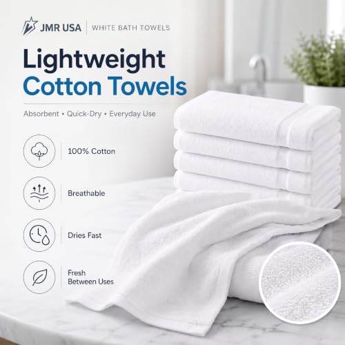 White Cotton Bath Towels 12-Pack (24x48), Lightweight Quick-Dry - Image 3