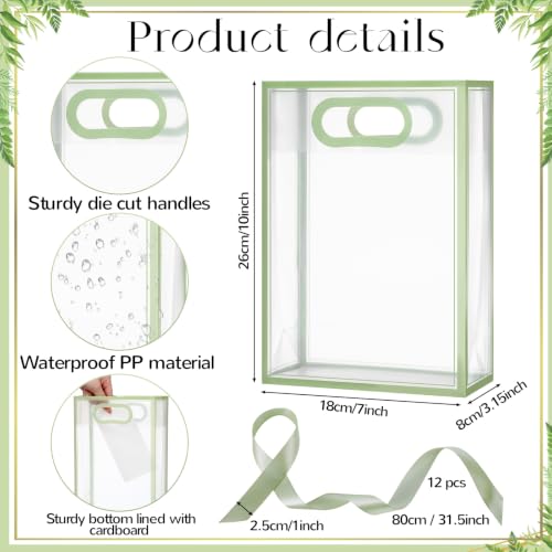 Aliceset 12 Pcs Clear Plastic Gift Bag with Handles,Sage Green - Image 3