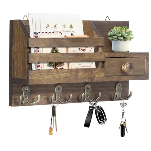 Key Holder Wall Mount, Wooden Key and Mail Organizer, Brown - Image 2