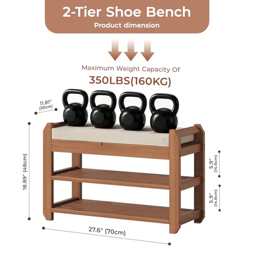 27.6" Entryway Shoe Rack Bench with Cushion, 2-Tier Storage Bench - Image 3