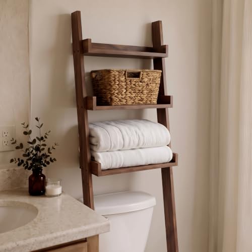 Over-the-Toilet Ladder Shelf, 3-Tier Wood Bathroom Rack - Image 4