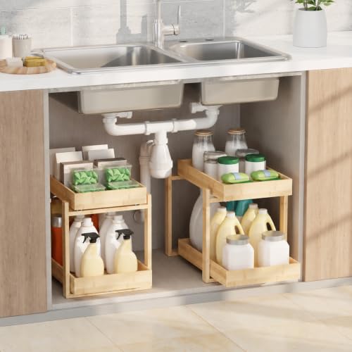 APRTAT 2 Pack Bamboo Under Sink Organizer, 2-Tier Pull Out - Image 2