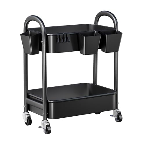2 Tier Rolling Cart Metal on Wheels,Two Tiered Short Side Table - Image 2