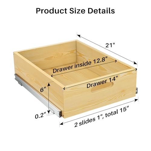 Pull Out Cabinet Organizer, Soft Close Slide Out Solid Wooden Drawers(15"W X 21"D x 6.2''H), Heavy Duty Full-extension Roll Out Shelves for Kitchen Cabinets,Pantry & Closet Organiz