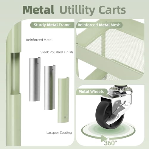 KINGRACK 3 Tier Metal Rolling Cart with Drawer, Green Utility - Image 5