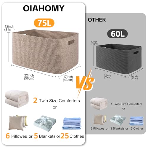 OIAHOMY 75L Large Blanket Basket Woven Cotton Rope Storage - Image 4