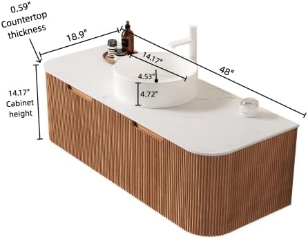 KEIKI 48" Bathroom Vanity with Sink, Wall-Mounted Floating Vanity with Curved Edges & 3D Striped Drawer Fronts, White Round Ceramic Basin, Pre-Assembled Storage Cabinet, Natural Wood