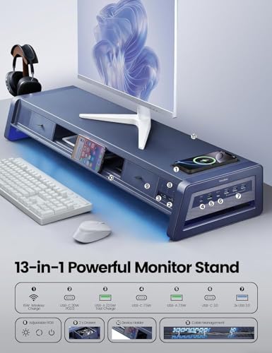 Vaydeer All-in-One Dual Monitor Stand Riser with 2 Drawers, 8USB - Image 5