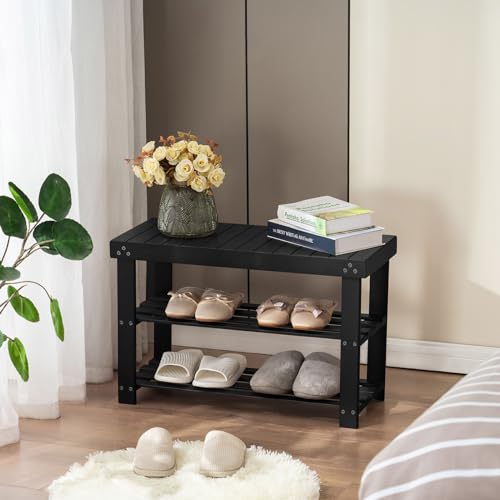 Apicizon Bamboo Shoe Rack Bench, 3-Tier Entryway Organizer, Black - Image 7