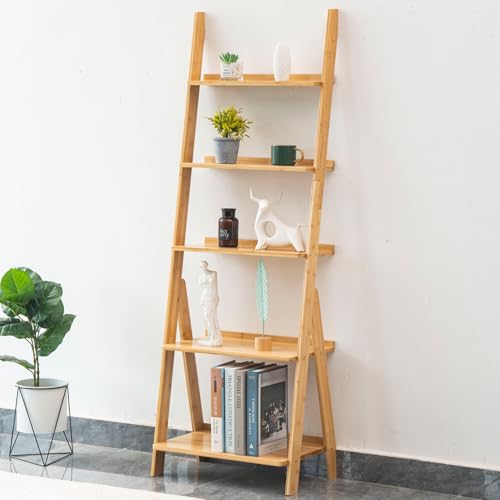 Maydear Bamboo Ladder Shelf Bookcase, 5-Tier Leaning - Image 3