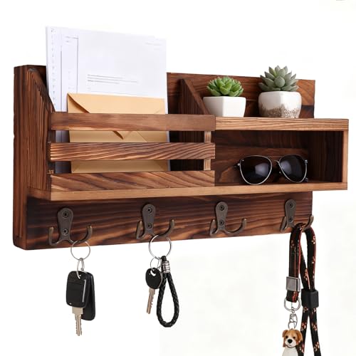 Solid Wood Key and Mail Holder for Wall, Brown - Image 2