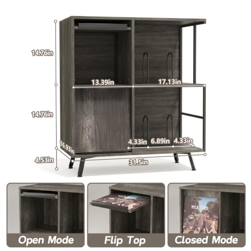 3 Tier Record Player Stand with Flip-Down Record Shelf, Gray - Image 4