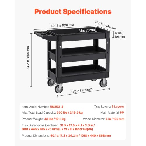 3-Shelf Utility Service Cart, 550 lb Capacity with 360° Swivel - Image 7