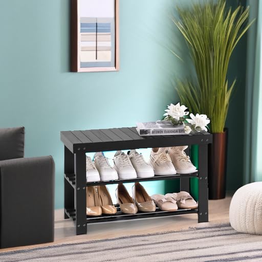 Apicizon Bamboo Shoe Rack Bench, 3-Tier Entryway Organizer, Black - Image 6