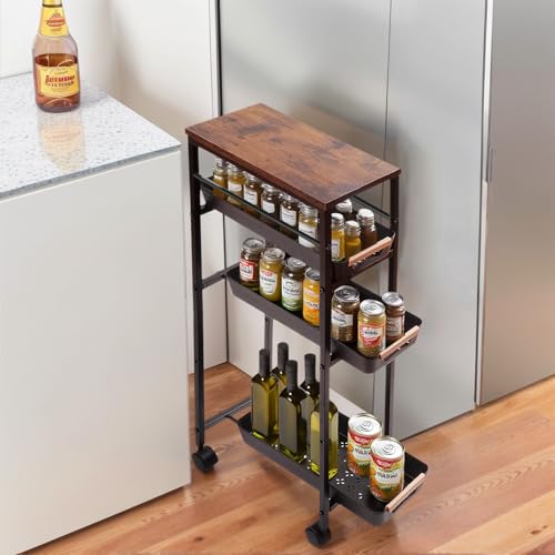 5 Tier Narrow Slim Rolling Cart Wood Top Storage Cart Black - Image 2