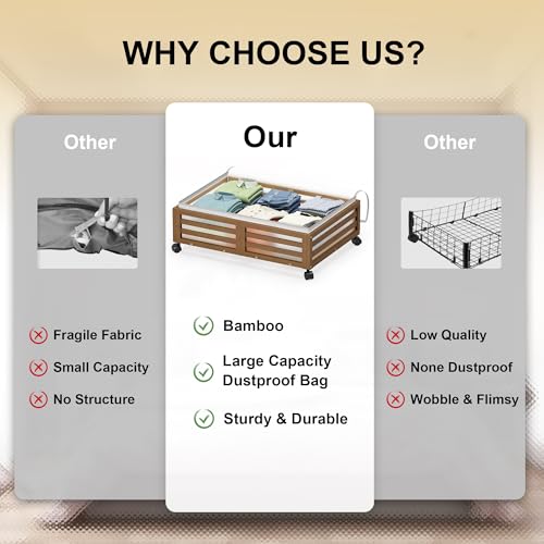 Under Bed Storage with Wheels, 2 Pack Bamboo Drawers - Image 4
