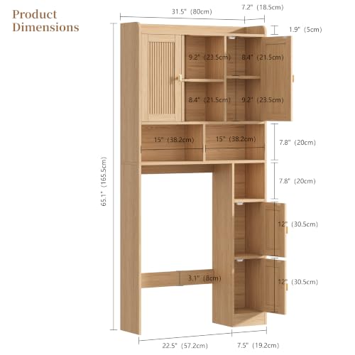 Fluted Over The Toilet Storage Cabinet with 4 Doors, Natural Oak - Image 3